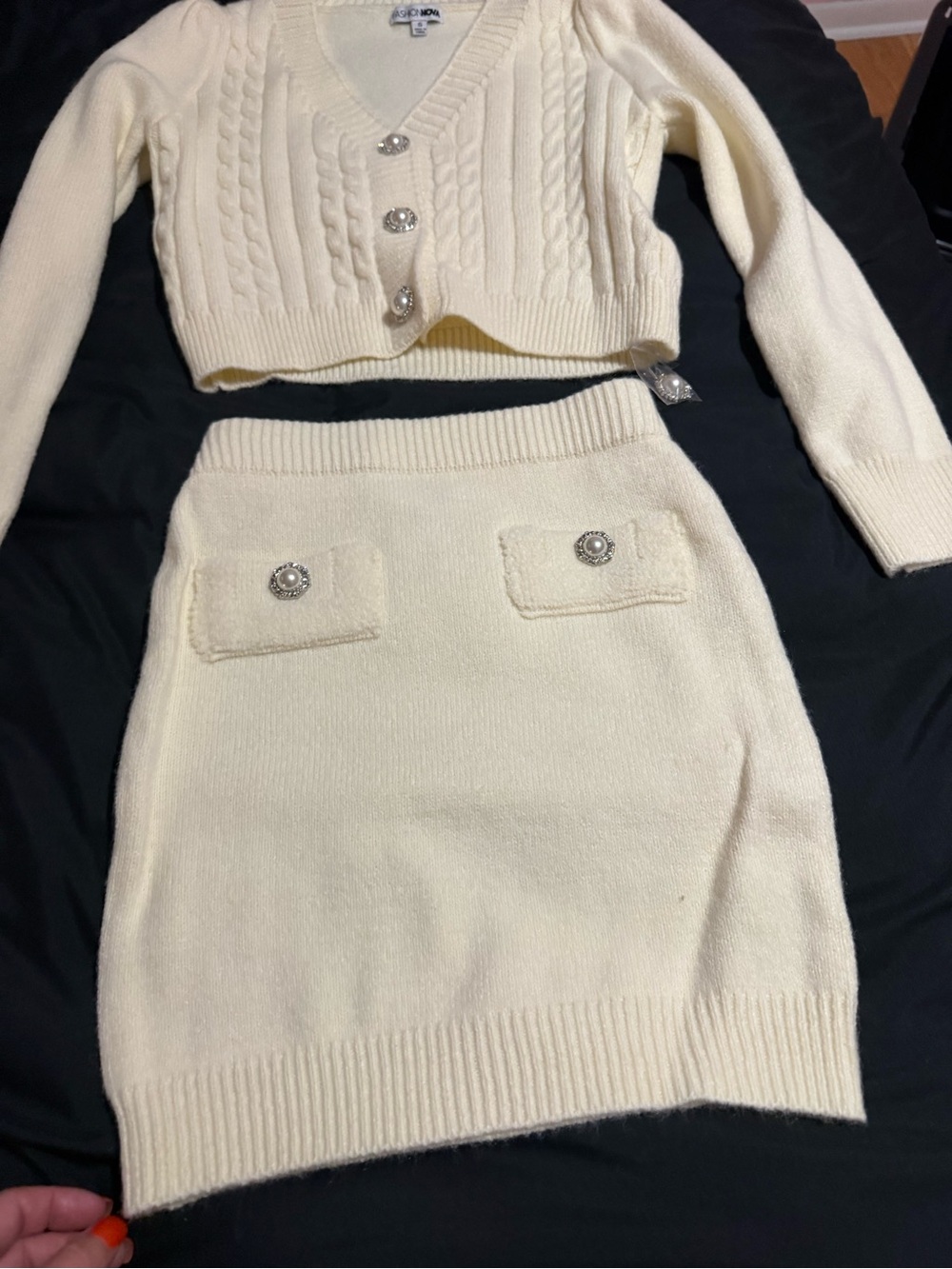 Fashion Nova Cream Cable-Knit sparkly Button Skirt Set - Picture 7 of 8